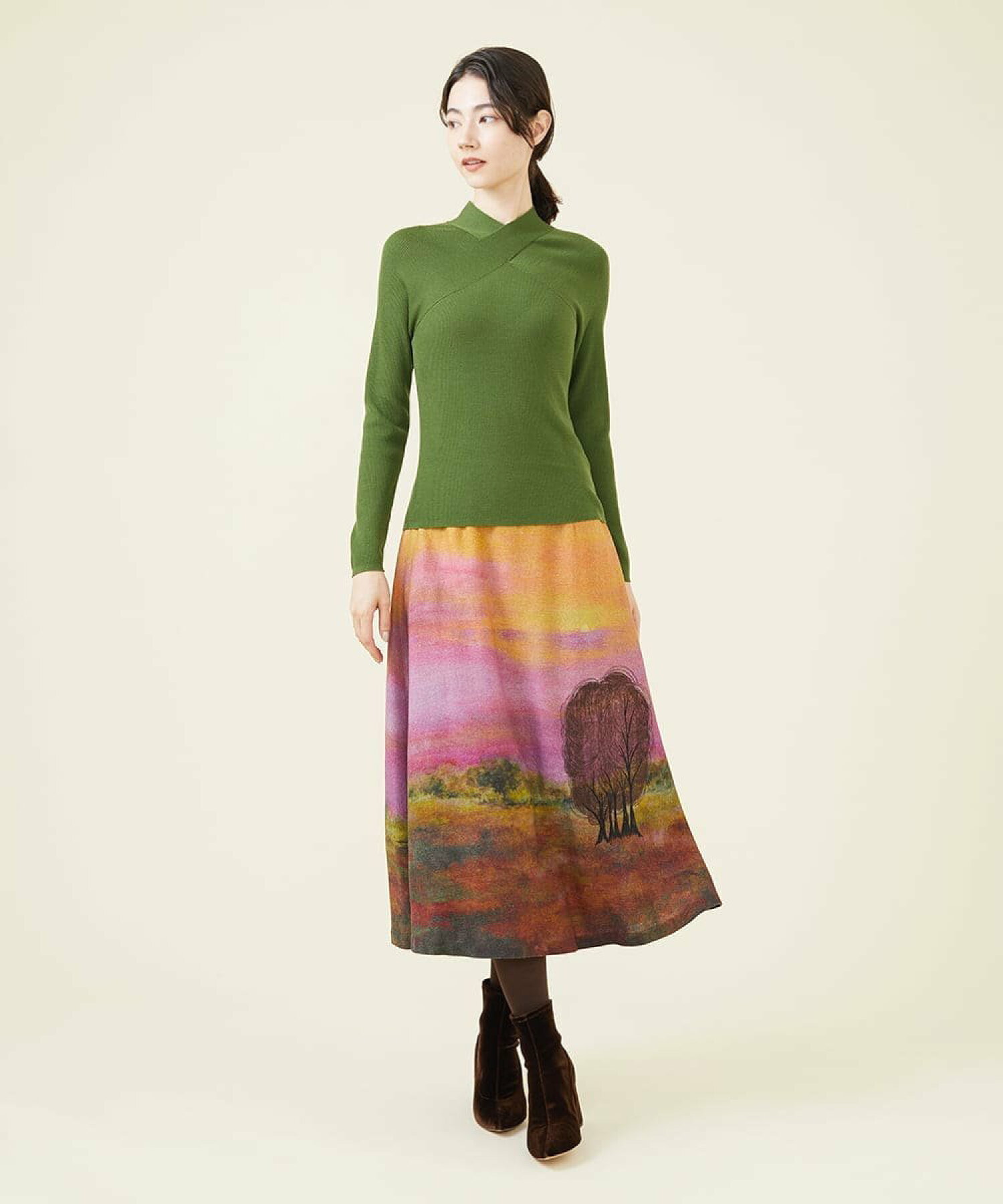 サンセットプリント刺繍ウールスカート